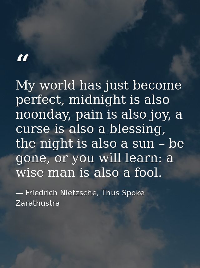 My world has just become perfect, midnight is also noonday, pain is also joy, a curse is also a blessing, the night is a — Friedrich Nietzsche, Thus Spoke Zarathustra