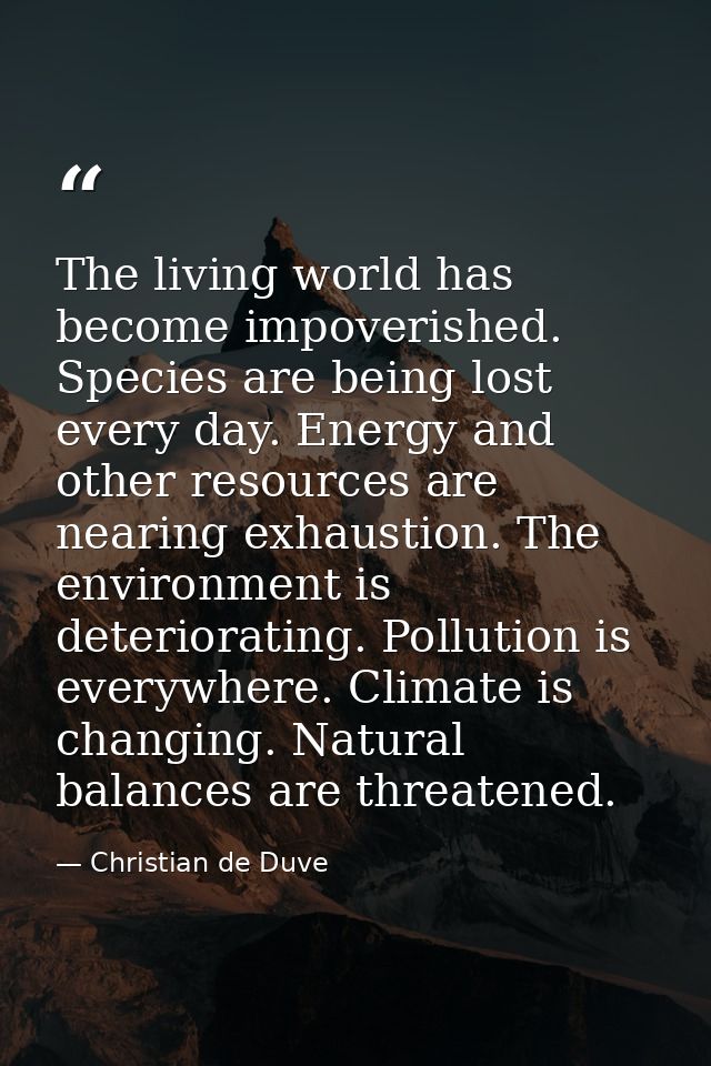The living world has become impoverished. Species are being lost every day. Energy and other resources are nearing exhau — Christian de Duve