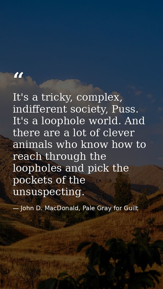 It's a tricky, complex, indifferent society, Puss. It's a loophole world. And there are a lot of clever animals who know — John D. MacDonald, Pale Gray for Guilt