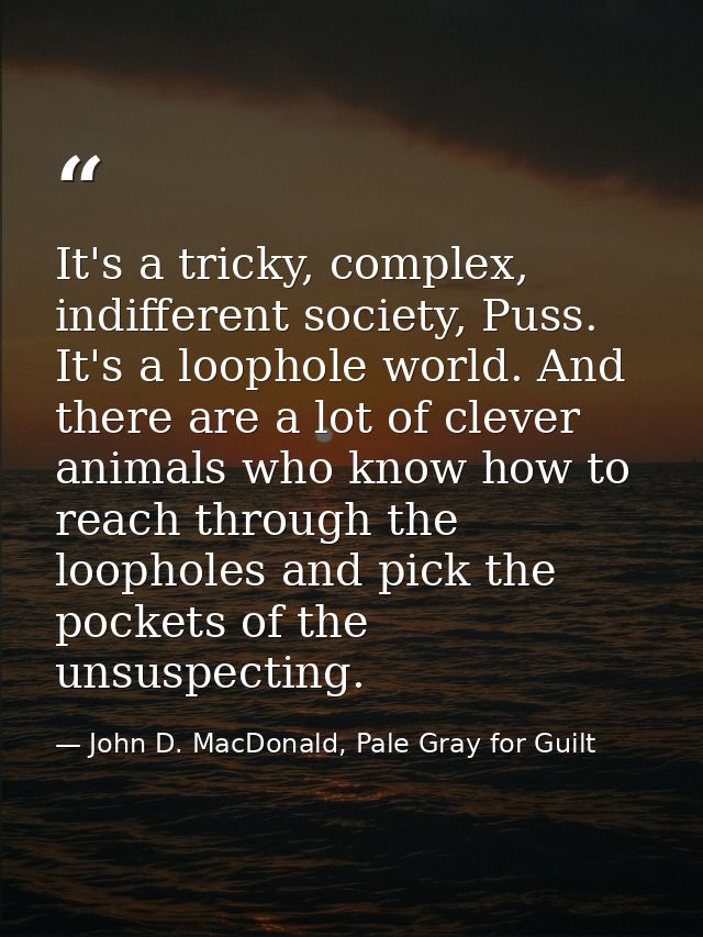 It's a tricky, complex, indifferent society, Puss. It's a loophole world. And there are a lot of clever animals who know — John D. MacDonald, Pale Gray for Guilt