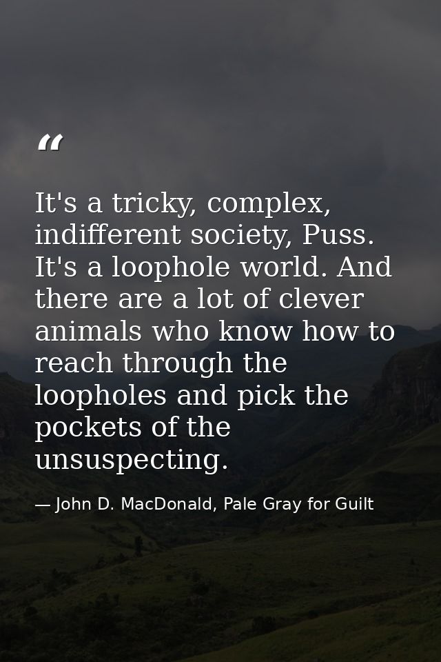 It's a tricky, complex, indifferent society, Puss. It's a loophole world. And there are a lot of clever animals who know — John D. MacDonald, Pale Gray for Guilt