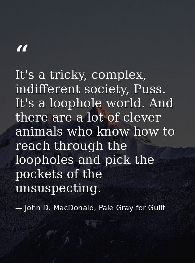 It's a tricky, complex, indifferent society, Puss. It's a loophole world. And there are a lot of clever animals who know — John D. MacDonald, Pale Gray for Guilt