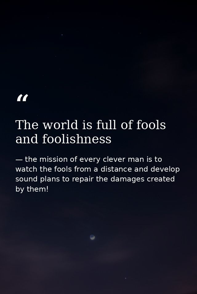 The world is full of fools and foolishness — the mission of every clever man is to watch the fools from a distance and develop sound plans to repair the damages created by them!