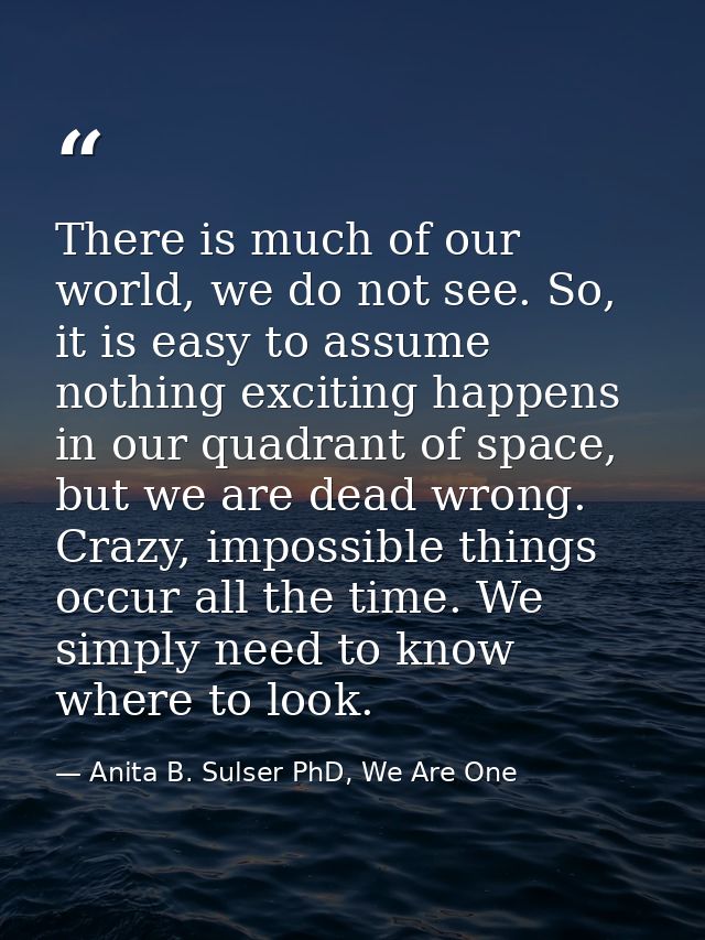 There is much of our world, we do not see. So, it is easy to assume nothing exciting happens in our quadrant of space, b — Anita B. Sulser PhD, We Are One