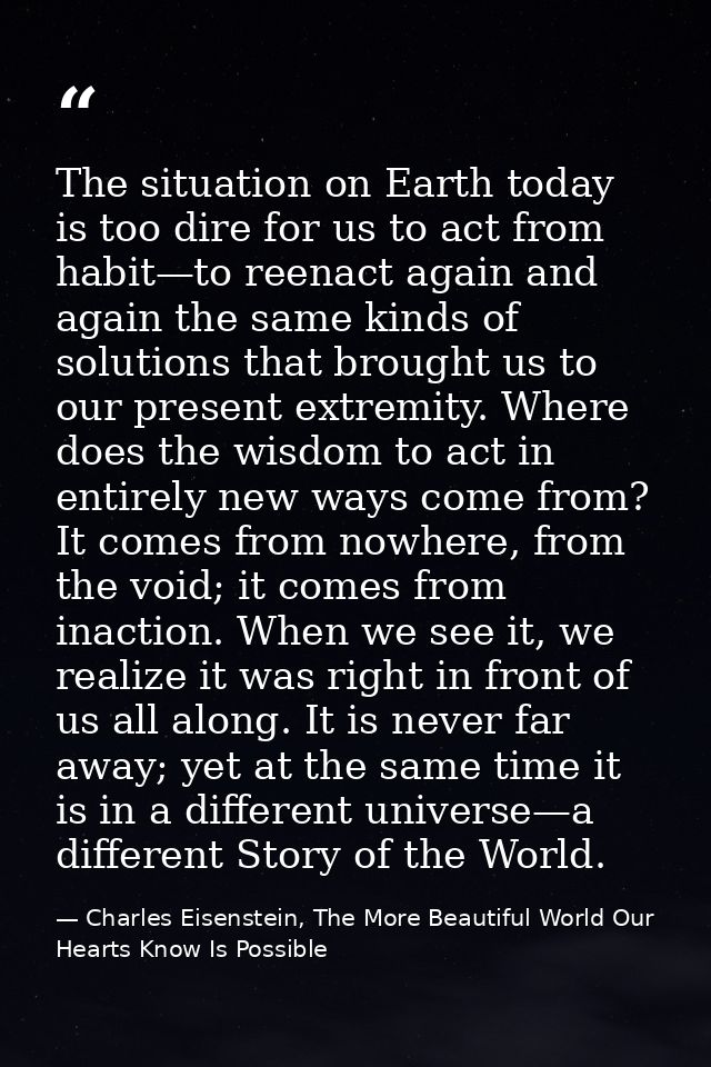 The situation on Earth today is too dire for us to act from habit—to reenact again and again the same kinds of solutions — Charles Eisenstein, The More Beautiful World Our Hearts Know Is Possible