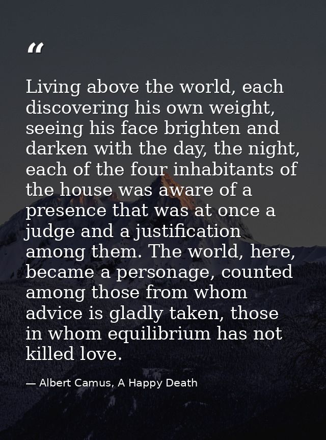 Living above the world, each discovering his own weight, seeing his face brighten and darken with the day, the night, ea — Albert Camus, A Happy Death
