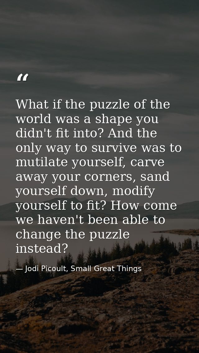 What if the puzzle of the world was a shape you didn't fit into? And the only way to survive was to mutilate yourself, c — Jodi Picoult, Small Great Things