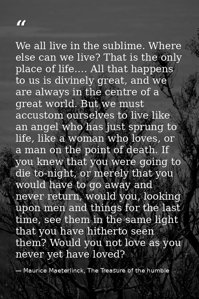 We all live in the sublime. Where else can we live? That is the only place of life.… All that happens to us is divinely  — Maurice Maeterlinck, The Treasure of the humble