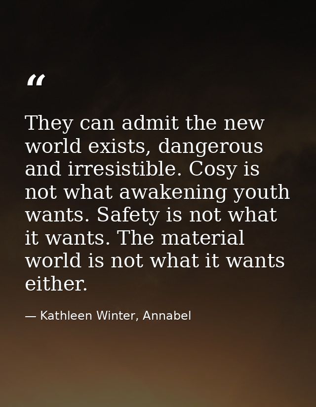 They can admit the new world exists, dangerous and irresistible. Cosy is not what awakening youth wants. Safety is not w — Kathleen Winter, Annabel