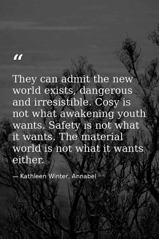 They can admit the new world exists, dangerous and irresistible. Cosy is not what awakening youth wants. Safety is not w — Kathleen Winter, Annabel