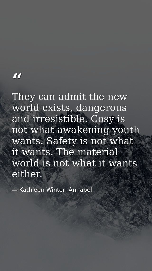 They can admit the new world exists, dangerous and irresistible. Cosy is not what awakening youth wants. Safety is not w — Kathleen Winter, Annabel