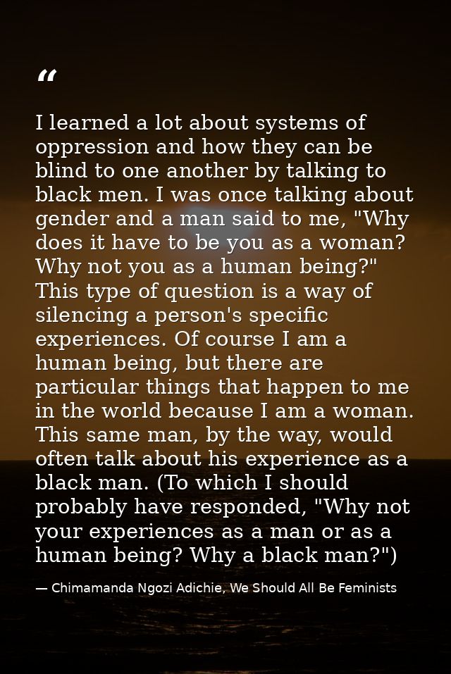 I learned a lot about systems of oppression and how they can be blind to one another by talking to black men. I was once — Chimamanda Ngozi Adichie, We Should All Be Feminists