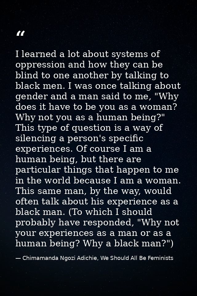 I learned a lot about systems of oppression and how they can be blind to one another by talking to black men. I was once — Chimamanda Ngozi Adichie, We Should All Be Feminists