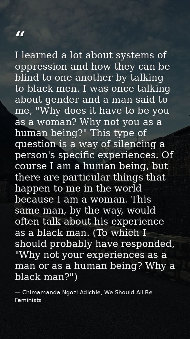 I learned a lot about systems of oppression and how they can be blind to one another by talking to black men. I was once — Chimamanda Ngozi Adichie, We Should All Be Feminists