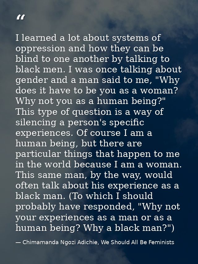 I learned a lot about systems of oppression and how they can be blind to one another by talking to black men. I was once — Chimamanda Ngozi Adichie, We Should All Be Feminists