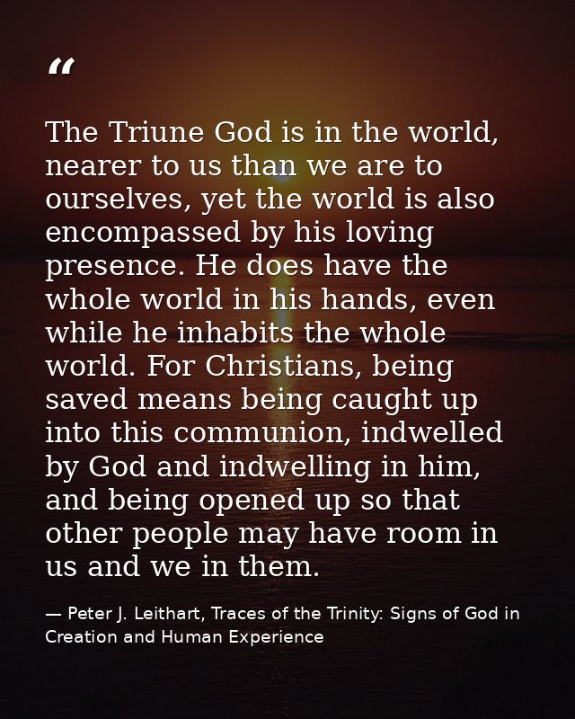 The Triune God is in the world, nearer to us than we are to ourselves, yet the world is also encompassed by his loving p — Peter J. Leithart, Traces of the Trinity: Signs of God in Creation and Human Experience