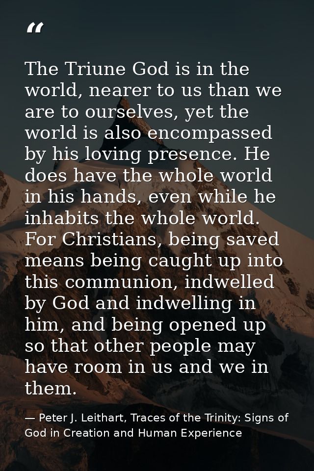 The Triune God is in the world, nearer to us than we are to ourselves, yet the world is also encompassed by his loving p — Peter J. Leithart, Traces of the Trinity: Signs of God in Creation and Human Experience