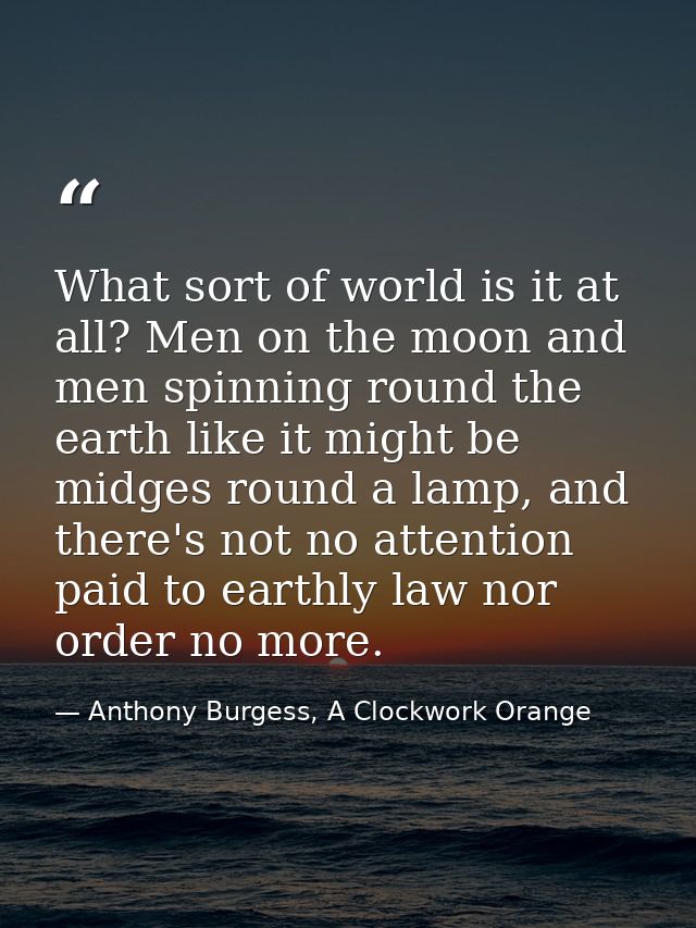 What sort of world is it at all? Men on the moon and men spinning round the earth like it might be midges round a lamp,  — Anthony Burgess, A Clockwork Orange