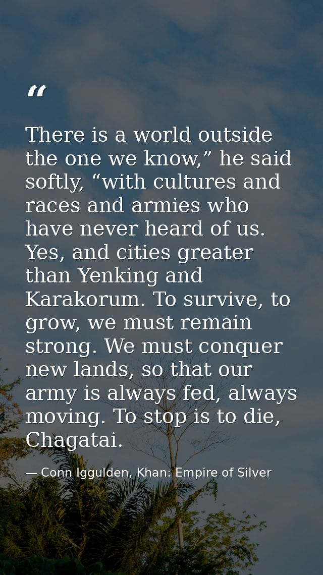 There is a world outside the one we know,” he said softly, “with cultures and races and armies who have never heard of u — Conn Iggulden, Khan: Empire of Silver