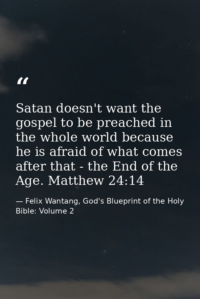 Satan doesn't want the gospel to be preached in the whole world because he is afraid of what comes after that - the End  — Felix Wantang, God's Blueprint of the Holy Bible: Volume 2