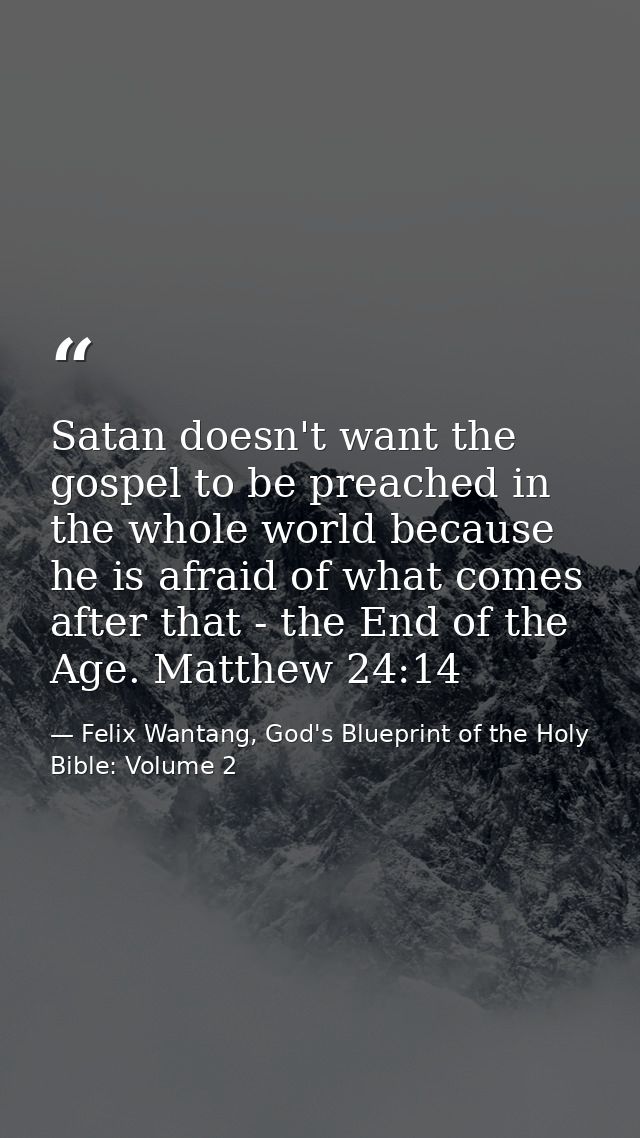 Satan doesn't want the gospel to be preached in the whole world because he is afraid of what comes after that - the End  — Felix Wantang, God's Blueprint of the Holy Bible: Volume 2