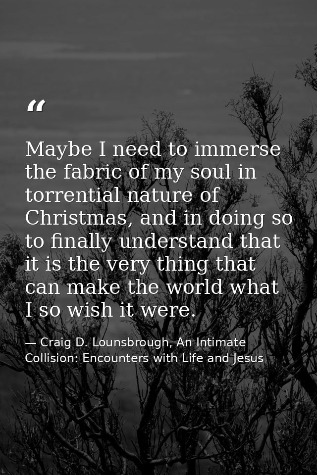 Maybe I need to immerse the fabric of my soul in torrential nature of Christmas, and in doing so to finally understand t — Craig D. Lounsbrough, An Intimate Collision: Encounters with Life and Jesus