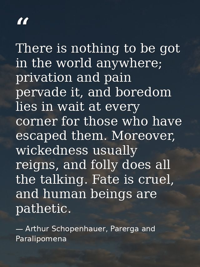 There is nothing to be got in the world anywhere; privation and pain pervade it, and boredom lies in wait at every corne — Arthur Schopenhauer, Parerga and Paralipomena