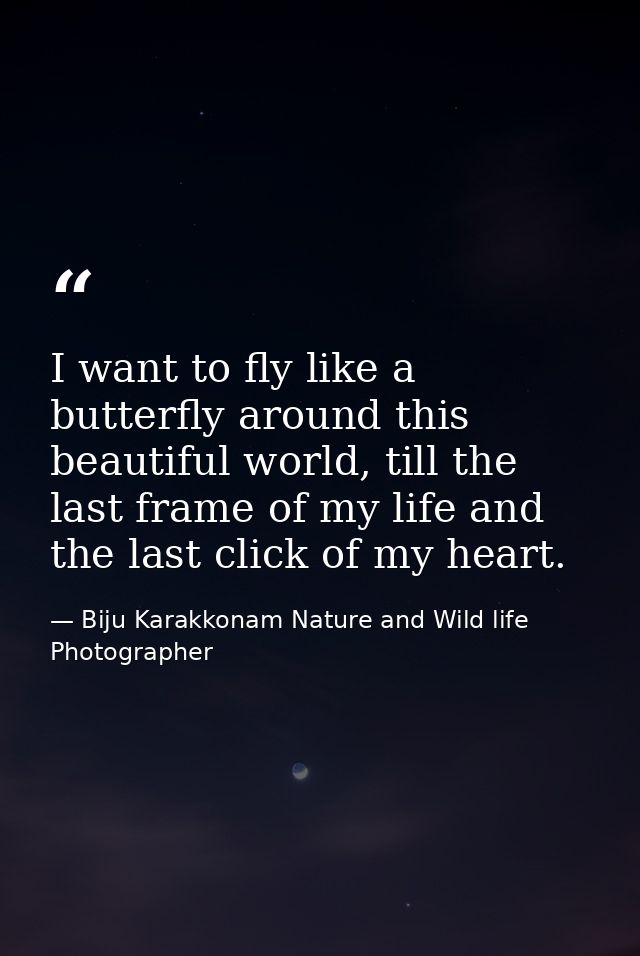 I want to fly like a butterfly around this beautiful world, till the last frame of my life and the last click of my hear — Biju Karakkonam Nature and Wild life Photographer