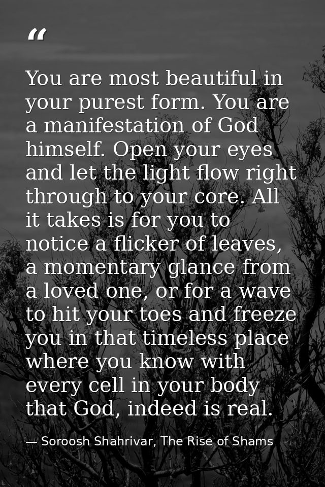 You are most beautiful in your purest form. You are a manifestation of God himself. Open your eyes and let the light flo — Soroosh Shahrivar, The Rise of Shams