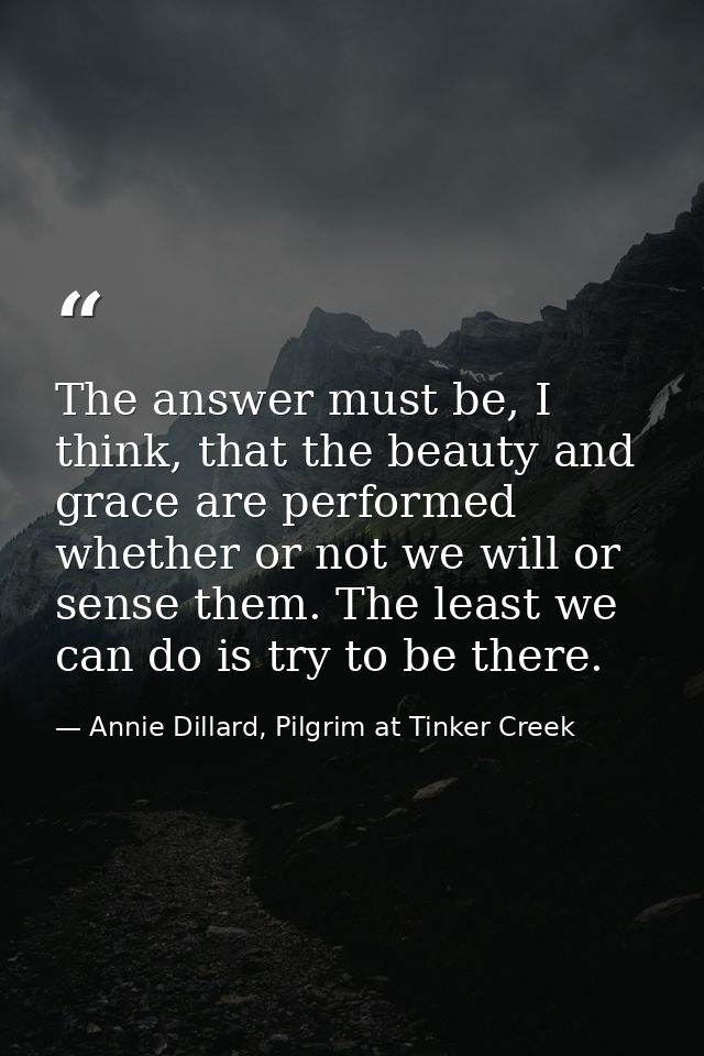 The answer must be, I think, that the beauty and grace are performed whether or not we will or sense them. The least we  — Annie Dillard, Pilgrim at Tinker Creek