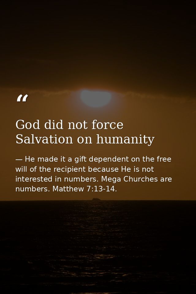God did not force Salvation on humanity — He made it a gift dependent on the free will of the recipient because He is not interested in numbers. Mega Churches are numbers. Matthew 7:13-14.