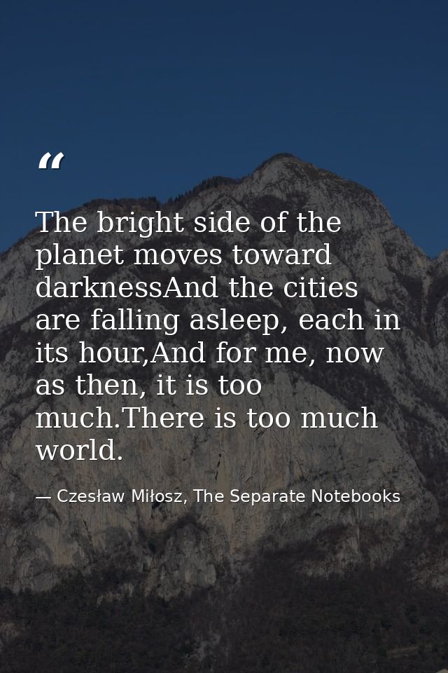 The bright side of the planet moves toward darknessAnd the cities are falling asleep, each in its hour,And for me, now a — Czesław Miłosz, The Separate Notebooks