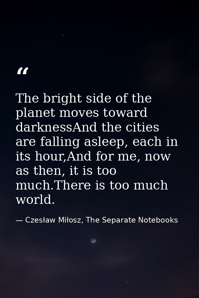 The bright side of the planet moves toward darknessAnd the cities are falling asleep, each in its hour,And for me, now a — Czesław Miłosz, The Separate Notebooks