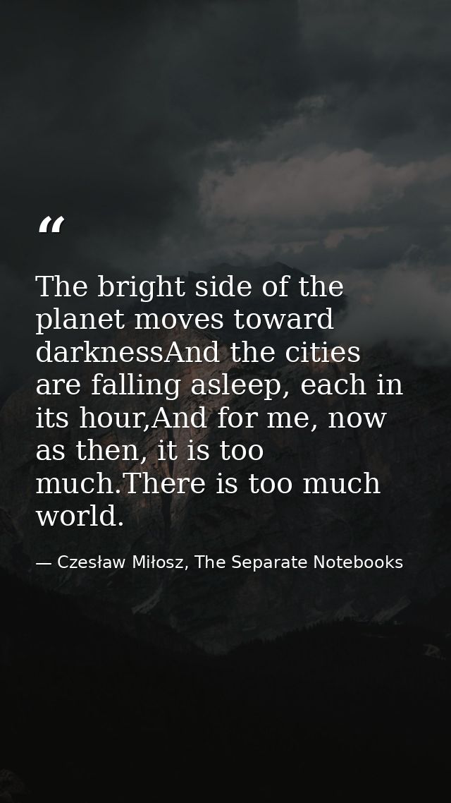 The bright side of the planet moves toward darknessAnd the cities are falling asleep, each in its hour,And for me, now a — Czesław Miłosz, The Separate Notebooks