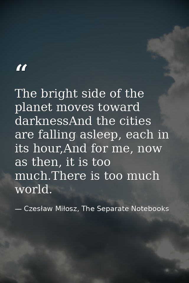 The bright side of the planet moves toward darknessAnd the cities are falling asleep, each in its hour,And for me, now a — Czesław Miłosz, The Separate Notebooks