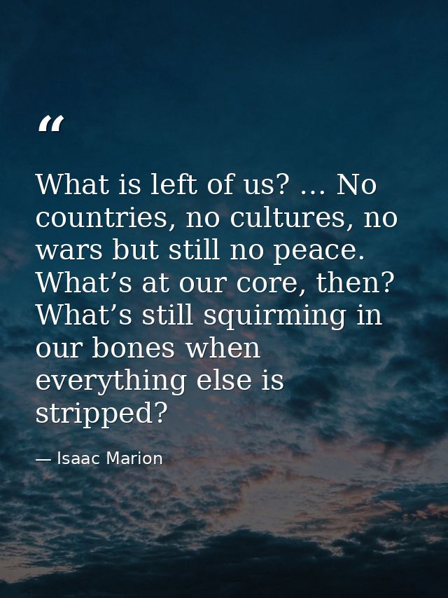 What is left of us? … No countries, no cultures, no wars but still no peace. What’s at our core, then? What’s still squi — Isaac Marion