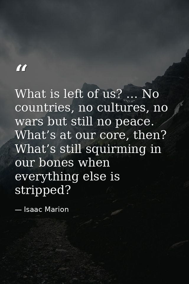 What is left of us? … No countries, no cultures, no wars but still no peace. What’s at our core, then? What’s still squi — Isaac Marion