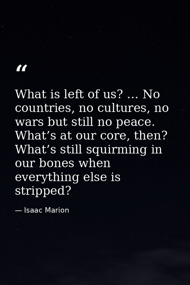 What is left of us? … No countries, no cultures, no wars but still no peace. What’s at our core, then? What’s still squi — Isaac Marion