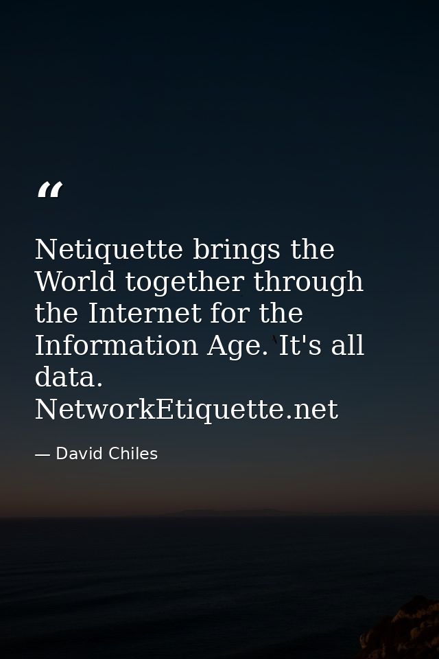 Netiquette brings the World together through the Internet for the Information Age. It's all data. NetworkEtiquette.net — David Chiles