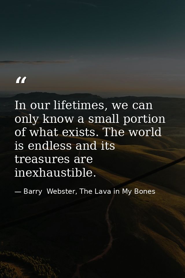 In our lifetimes, we can only know a small portion of what exists. The world is endless and its treasures are inexhausti — Barry  Webster, The Lava in My Bones