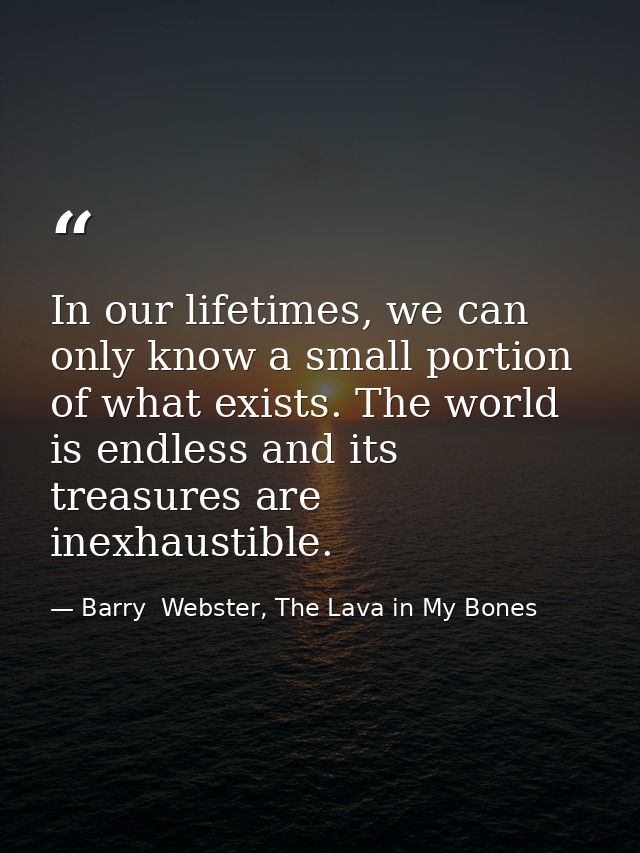 In our lifetimes, we can only know a small portion of what exists. The world is endless and its treasures are inexhausti — Barry  Webster, The Lava in My Bones