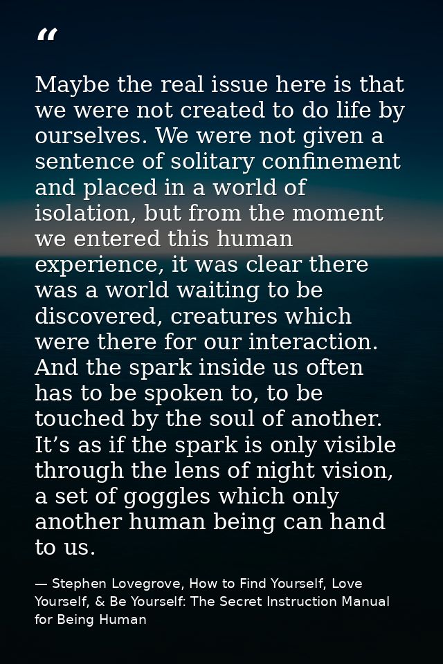 Maybe the real issue here is that we were not created to do life by ourselves. We were not given a sentence of solitary  — Stephen Lovegrove, How to Find Yourself, Love Yourself, & Be Yourself: The Secret Instruction Manual for Being Human