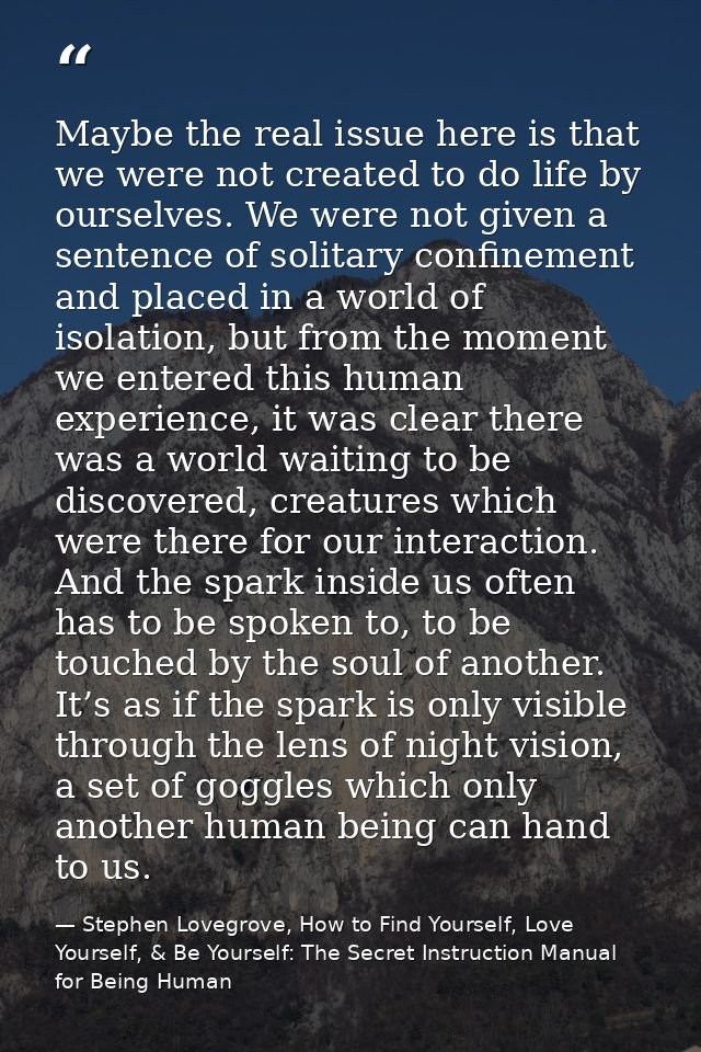 Maybe the real issue here is that we were not created to do life by ourselves. We were not given a sentence of solitary  — Stephen Lovegrove, How to Find Yourself, Love Yourself, & Be Yourself: The Secret Instruction Manual for Being Human