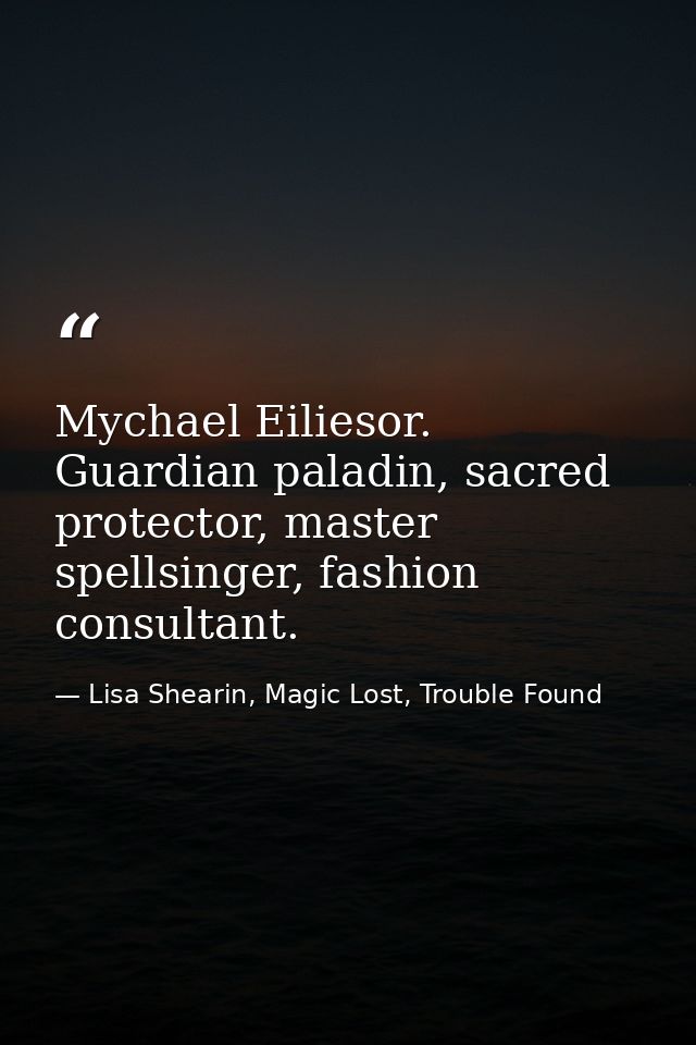Mychael Eiliesor. Guardian paladin, sacred protector, master spellsinger, fashion consultant. — Lisa Shearin, Magic Lost, Trouble Found