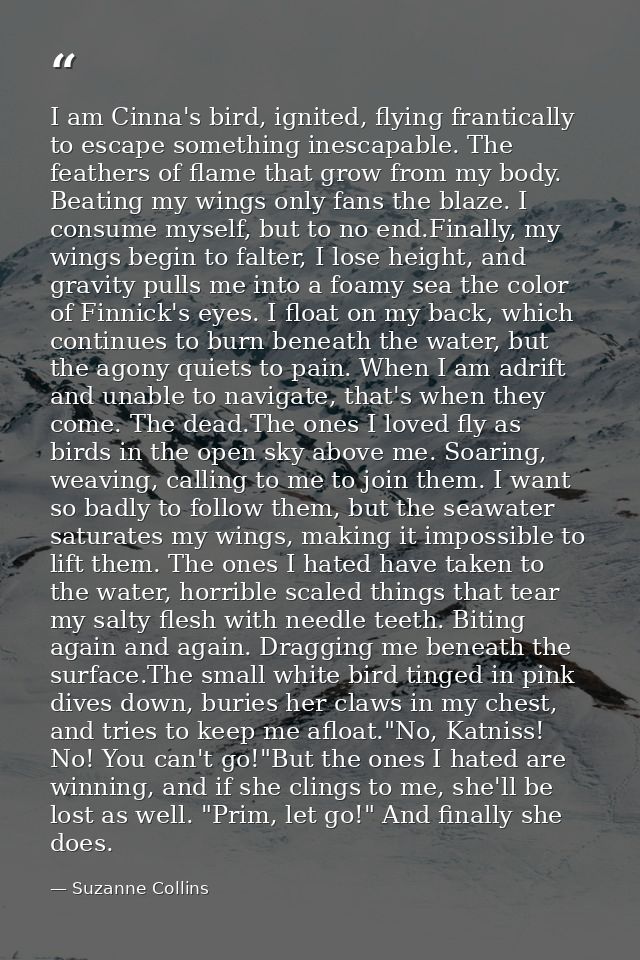 I am Cinna's bird, ignited, flying frantically to escape something inescapable. The feathers of flame that grow from my  — Suzanne Collins
