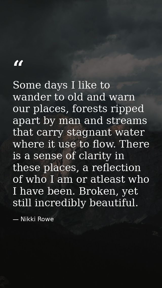 Some days I like to wander to old and warn our places, forests ripped apart by man and streams that carry stagnant water — Nikki Rowe