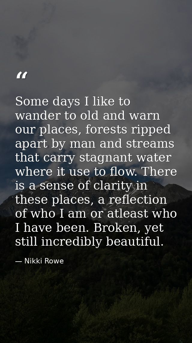 Some days I like to wander to old and warn our places, forests ripped apart by man and streams that carry stagnant water — Nikki Rowe