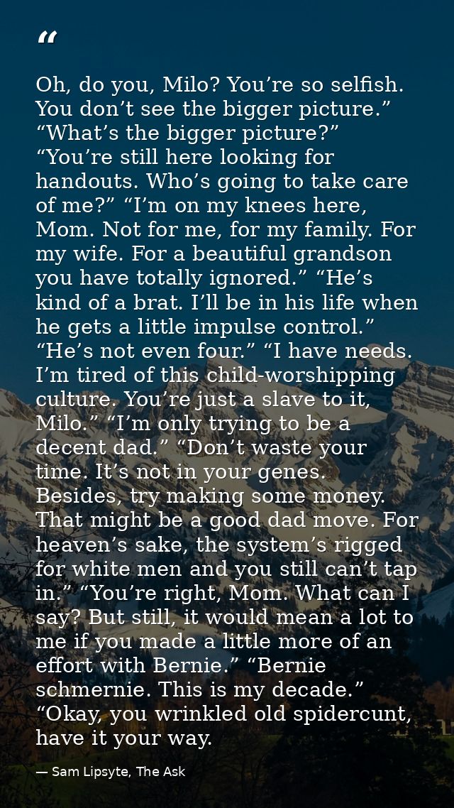 Oh, do you, Milo? You’re so selfish. You don’t see the bigger picture.” “What’s the bigger picture?” “You’re still here  — Sam Lipsyte, The Ask