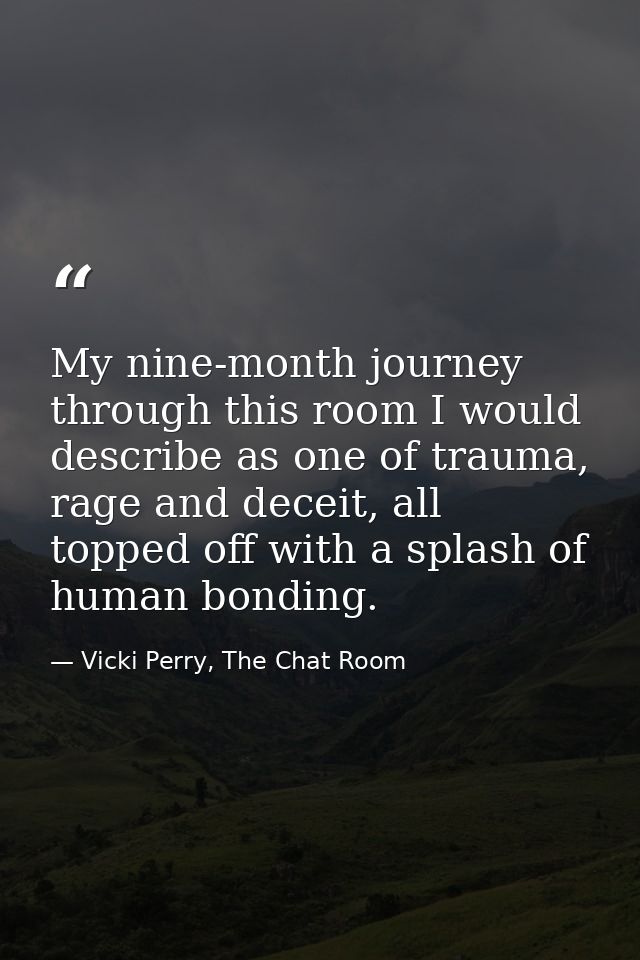 My nine-month journey through this room I would describe as one of trauma, rage and deceit, all topped off with a splash — Vicki Perry, The Chat Room