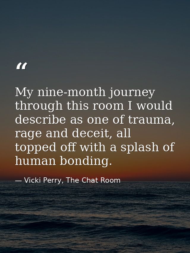 My nine-month journey through this room I would describe as one of trauma, rage and deceit, all topped off with a splash — Vicki Perry, The Chat Room